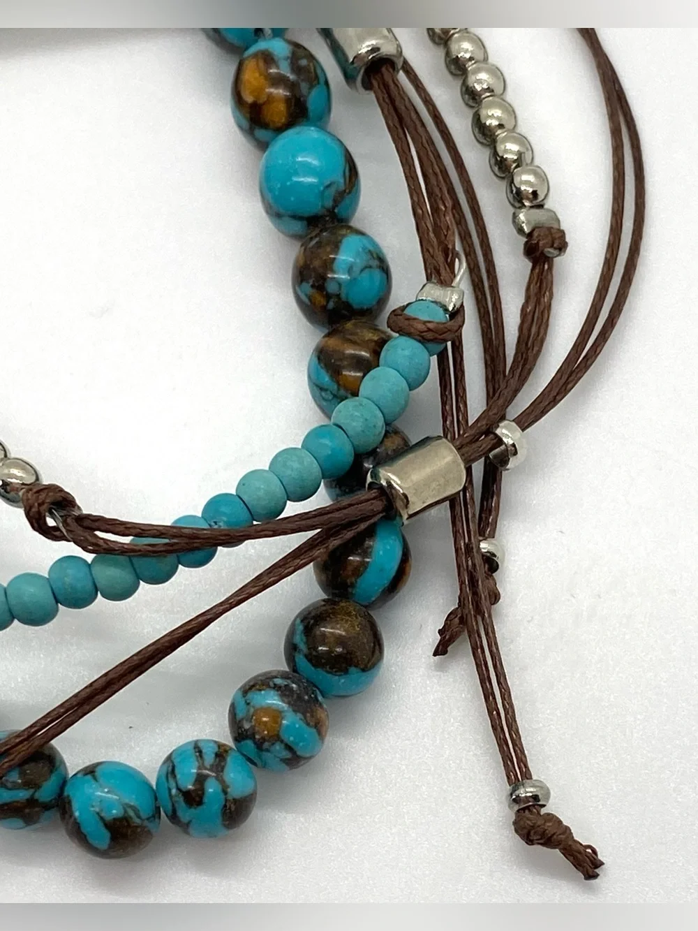 Hello Happy Turquoise Blue Brown Beaded Bracelet Boho Fall Festival Southwestern